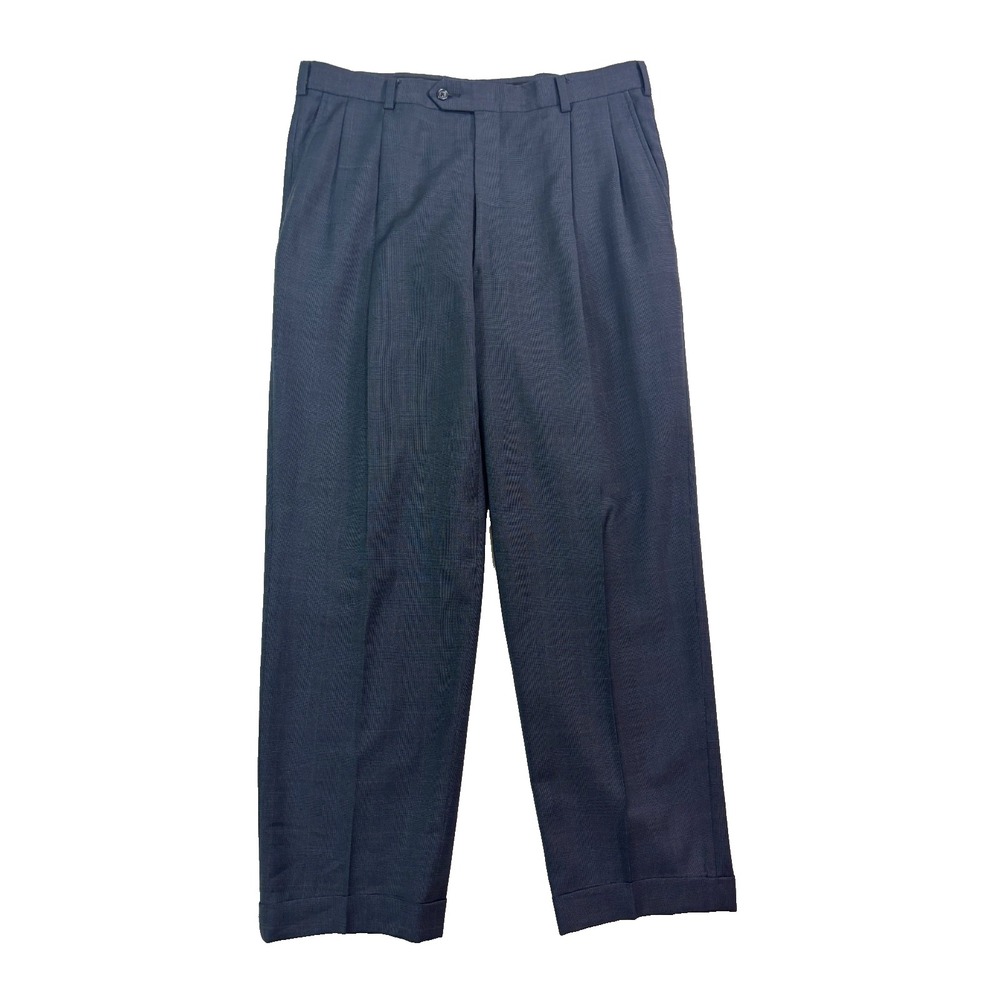 Navy Blue Windowpane 36x30 Dress Suit Pants Trousers Pleated Cuffed Wool
